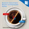 A cup of coffee is shown with a dividing line, representing a comparison between 'before' and 'after' using a water filter. Text indicates improved taste and no limescale buildup. Produktbild-Vorschau