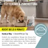 A dog eating from a bowl next to a product container in a kitchen setting. Produktbild-Vorschau