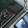 A close-up view of a phone case with a ring stand and camera cover, with marketing text and icons on the side. Produktbild-Vorschau
