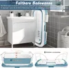 A foldable bathtub is shown next to a bathroom sink, with instructions on how to use it. Náhled obrázku produktu