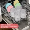 The image shows several clear ice cream containers with lids of different colors placed inside a dishwasher rack. The text overlay highlights the ease of cleaning. Produktbild-Vorschau