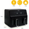 A black dual air fryer with digital display and dimensions shown. Voir les images du produit