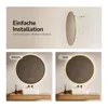 A collage showing a round LED mirror with different frame colors and installation options. Produktbild-Vorschau
