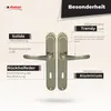 A product image showcasing door handles with descriptive text highlighting features. Produktbild-Vorschau