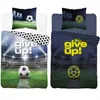 Two football-themed duvet cover sets are displayed side-by-side, one with a daytime stadium scene and the other with a nighttime scene. Produktbild-Vorschau