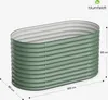 A green oval raised garden bed with dimensions indicated. Produktbild-Vorschau