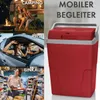 Collage showing a red portable cooler in different usage scenarios: camping, traveling in a car, and shopping. Produktbild-Vorschau