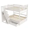 A white wooden bunk bed with stairs and storage drawers, shown from a diagonal angle. Náhled obrázku produktu