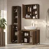 A bathroom vanity set with a sink and storage cabinets, along with a tall storage cabinet, displayed in a well-lit bathroom. Podgląd zdjęcia produktu