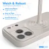 A close-up of a light gray phone case with a white liquid being poured onto it, creating ripples. Text overlays describe the features of the case. Produktbild-Vorschau
