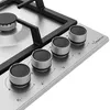 A close-up view of a gas hob with four control knobs and a burner grate. Produktbild-Vorschau