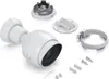 A white security camera and its mounting accessories are arranged on a white background. Produktbild-Vorschau