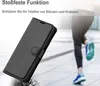 A black phone case is shown in the foreground, with a blurred background of a person running. Produktbild-Vorschau
