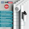 A close-up diagram of a white radiator, highlighting its features with text callouts. Produktbild-Vorschau