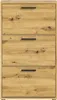 A front view of a wooden shoe cabinet with three flip-down doors. Produktbild-Vorschau