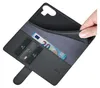 A hand is shown inserting a phone into a black leather wallet-style phone case. The case has slots for cards and a 20 Euro bill is visible. Produktbild-Vorschau
