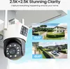A security camera is mounted on a wall, with inset images showing the camera's view of a house and driveway. Produktbild-Vorschau