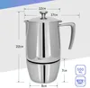 A silver moka pot with dimension labels indicating its size. Náhled obrázku produktu