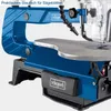 A close-up view of a blue scroll saw, focusing on its table and arm. Produktbild-Vorschau