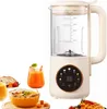A beige blender is shown with various food and drink items, including soup, juice, bread, and waffles. Náhľad obrázku produktu