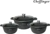 A set of three speckled black pots with glass lids, arranged on a white background. Produktbild-Vorschau