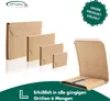 A collection of cardboard mailer envelopes of various sizes, displayed on a white background, with marketing text and a logo. Produktbild-Vorschau