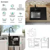 A collage of images showing a black kitchen sink, its features, installation diagrams, and dimensions. Produktbild-Vorschau