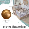 A golden ball with the KiddyMoon logo is shown next to a ball pit filled with various colored balls. Text indicates the ball's diameter and that it's perfect for baby hands. Produktbild-Vorschau