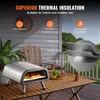 A pizza oven on an outdoor table, with text overlays describing its features. Produktbild-Vorschau