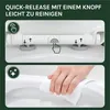 The image shows two panels demonstrating how to use and clean a toilet seat. The top panel illustrates a quick-release mechanism with a button and arrows indicating movement. The bottom panel shows a hand cleaning the toilet seat with a white cloth. Produktbild-Vorschau
