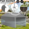 A grey carport or storage tent is shown in a garden setting, with close-up insets highlighting its features. Produktbild-Vorschau