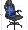 A black and blue gaming chair with dimensions overlaid. Náhled obrázku produktu