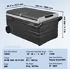 A black and gray portable refrigerator with dimensions and specifications displayed. Produktbild-Vorschau
