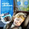A child sleeping in a car seat, with marketing text and graphics overlayed. Produktbild-Vorschau