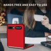 A person holding a cup of coffee while a red phone case is displayed in the foreground. Produktbild-Vorschau