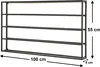A black metal wine rack mounted on a white background, with dimensions indicated. Náhled obrázku produktu