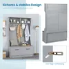 A collage of images showing a gray entryway storage unit with a bench, shelves, and hooks, along with a detail of an anti-tip device. Náhled obrázku produktu