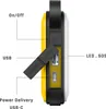 Side view of a yellow and black power bank with labels pointing to its features. Produktbild-Vorschau