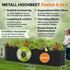 A raised garden bed filled with plants, with a child watering it in the background. The image includes text overlays highlighting product features and dimensions. Produktbild-Vorschau