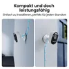 Two images of a white security camera mounted on a wall, with a blue cable attached and secured by clips. Produktbild-Vorschau