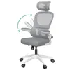 A gray ergonomic office chair with a white base and wheels, shown from a front-side angle against a white background. An arrow graphic indicates the adjustability of the armrests. Voir les images du produit