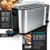 A close-up marketing image of a silver toaster with text overlays highlighting features. Produktbild-Vorschau