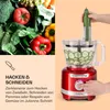 A food processor is shown in use, slicing cucumbers, with a collage of fresh vegetables on the left side and descriptive text. Produktbild-Vorschau
