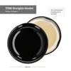 A black lid for a jar, shown from a top-down angle, with a close-up view of the sealing compound inside. Produktbild-Vorschau