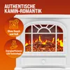 A close-up marketing image of a white electric fireplace with a realistic flame effect. The image features two circular overlays with icons and text highlighting product features. Produktbild-Vorschau
