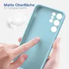 A hand is touching a light blue silicone phone case, highlighting its matte surface and soft grip. Produktbild-Vorschau