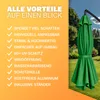 A green umbrella is shown in a garden setting, with a list of its features on an orange background. Produktbild-Vorschau