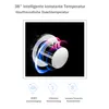 A close-up of a shower control knob with swirling blue and pink water effects, accompanied by text and icons describing its features. Produktbild-Vorschau