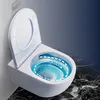A wall-mounted toilet with the lid open, showing a swirling blue water effect inside the bowl to demonstrate its flushing mechanism. Produktbild-Vorschau