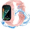 A pink smartwatch with a colorful digital display, surrounded by splashing water. Produktbild-Vorschau